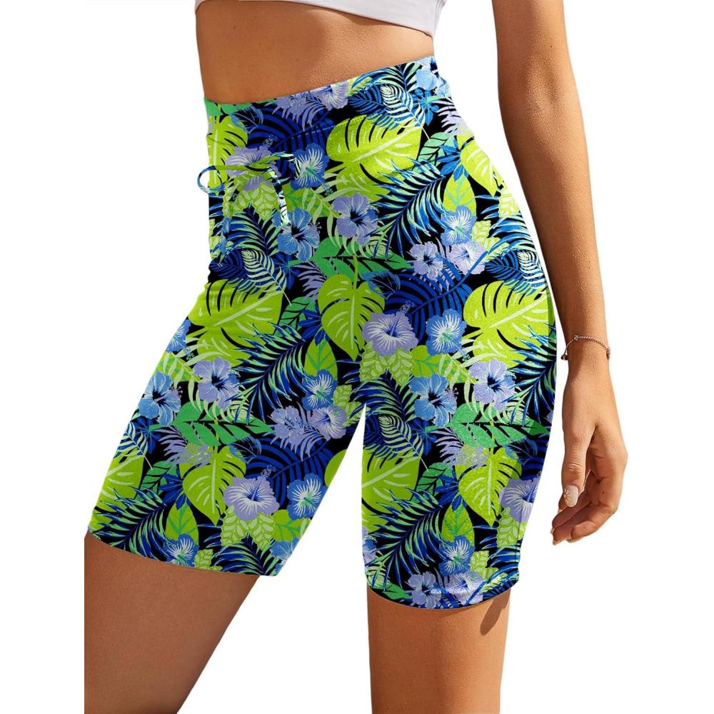 imageEkouaer Womens Board Shorts High Waist Swim Shorts Beach Surf Swimwear Shorts S4XLGreen Leaves