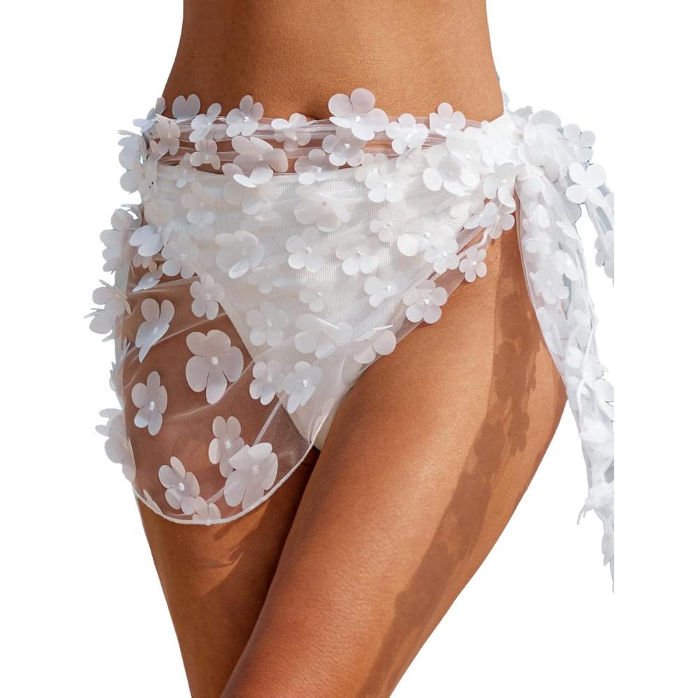 imageEkouaer Womens Coverups Beach Short Sarong Sheer Chiffon Cover Up Bikini Wraps S3XLFlowerwhite