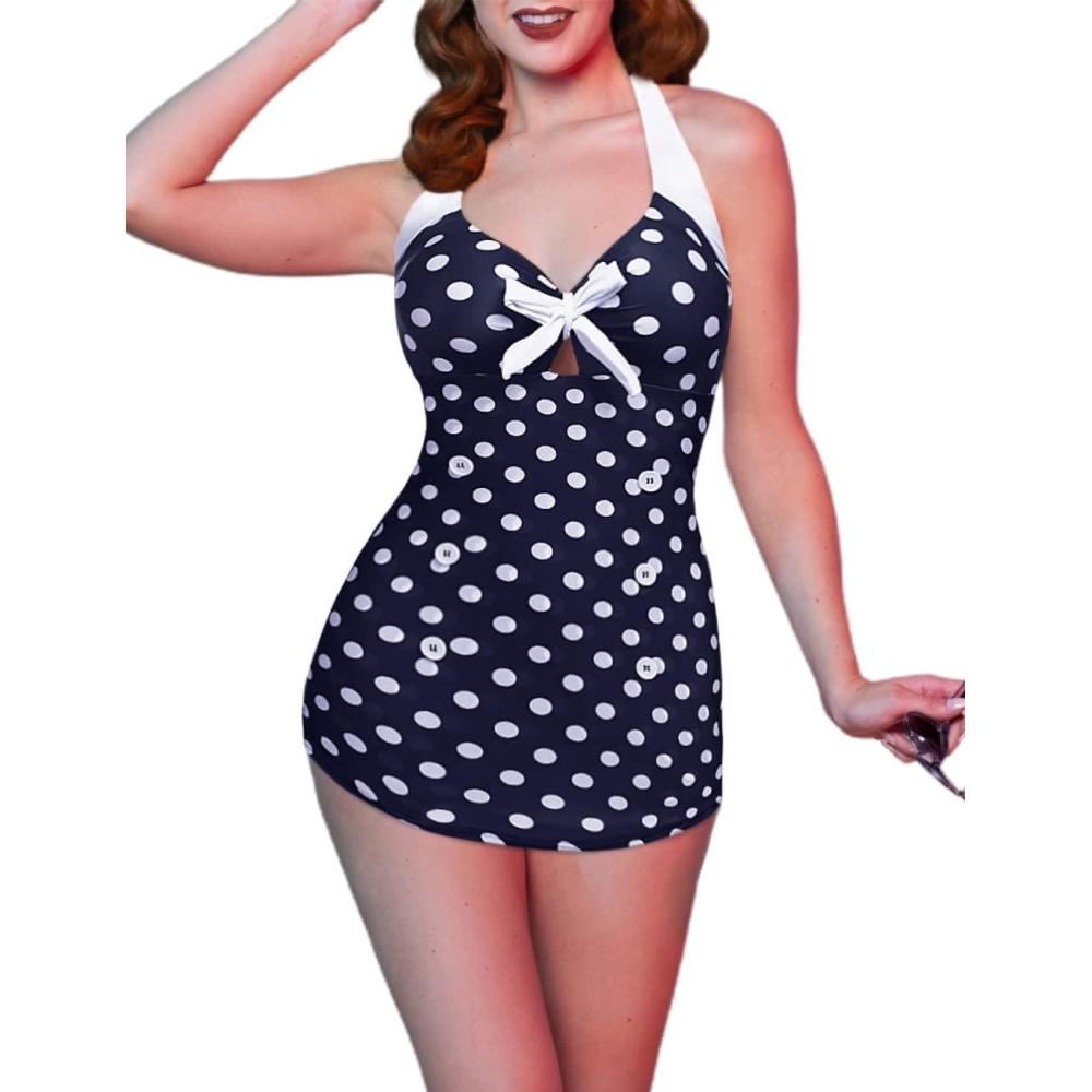 imageEkouaer Womens One Piece Swimsuits Vintage Striped Skirt Bathing Suit Vintage Retro Push Up SwimwearBlack Polka Dot