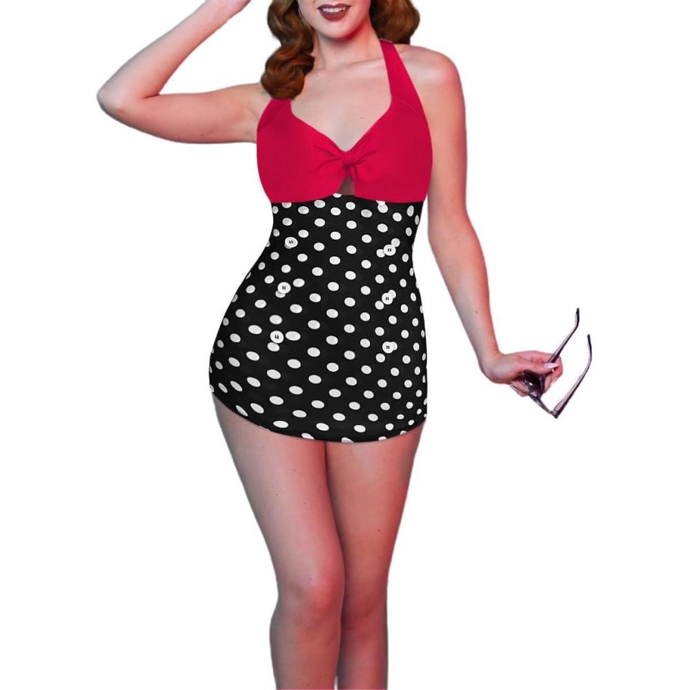 imageEkouaer Womens One Piece Swimsuits Vintage Striped Skirt Bathing Suit Vintage Retro Push Up SwimwearBlack Polka Dot2