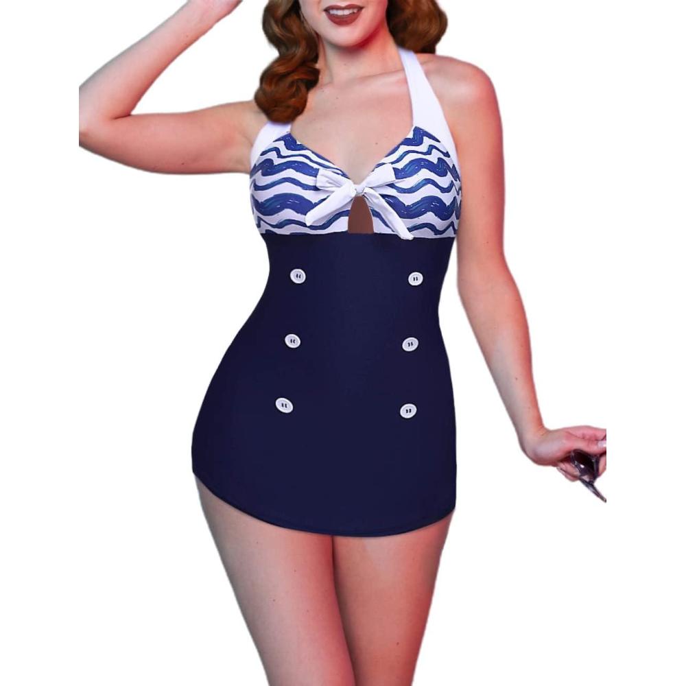 imageEkouaer Womens One Piece Swimsuits Vintage Striped Skirt Bathing Suit Vintage Retro Push Up SwimwearBlue Pattern