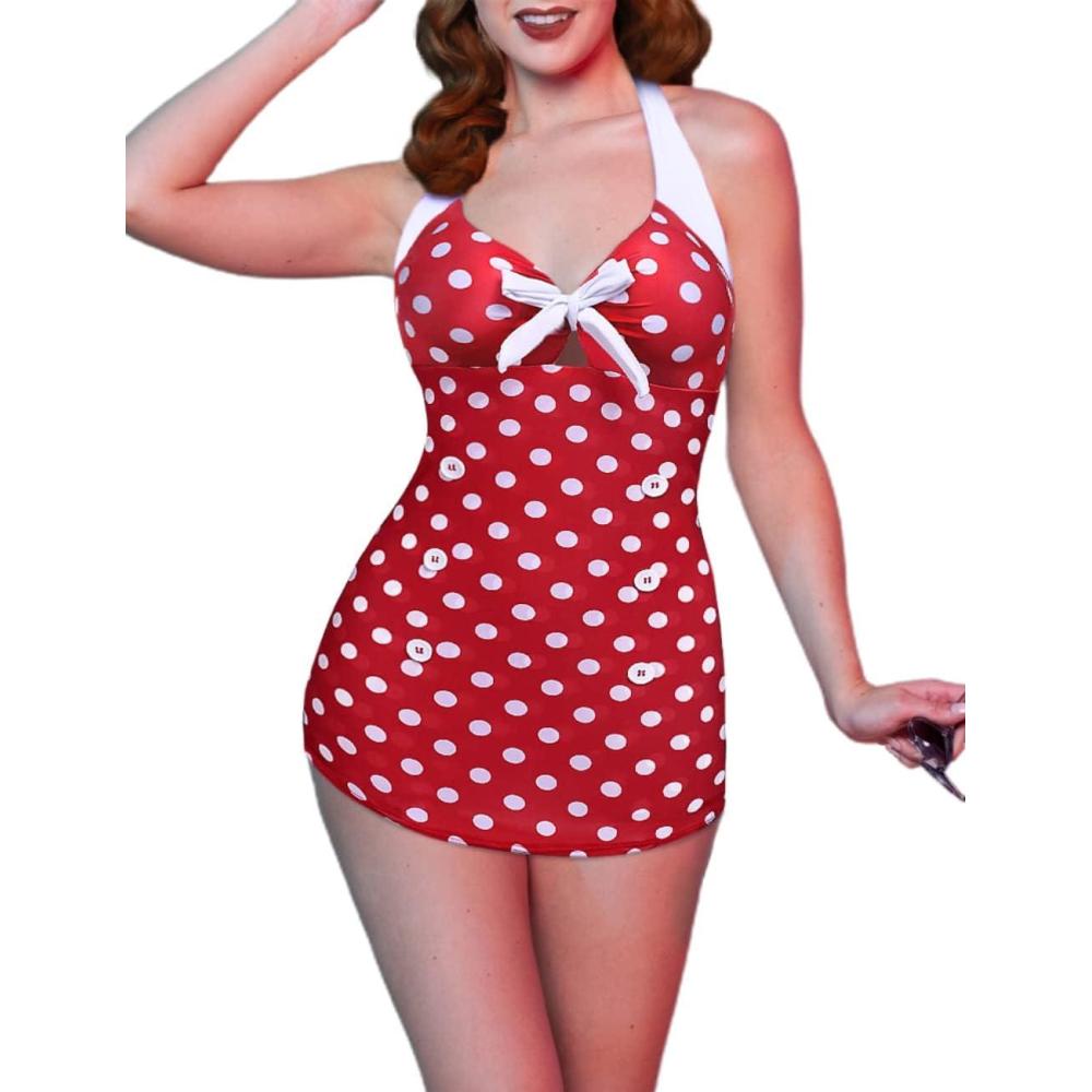 imageEkouaer Womens One Piece Swimsuits Vintage Striped Skirt Bathing Suit Vintage Retro Push Up SwimwearNew Red Polka Dot
