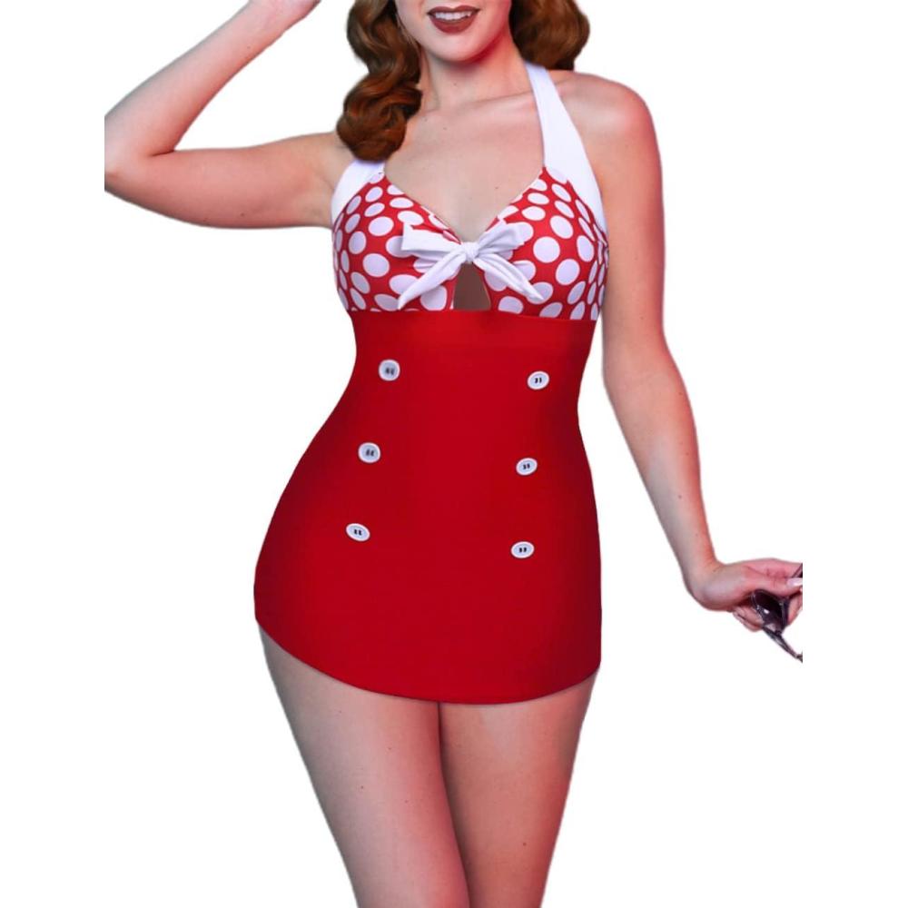imageEkouaer Womens One Piece Swimsuits Vintage Striped Skirt Bathing Suit Vintage Retro Push Up SwimwearRed Polka Dot 2