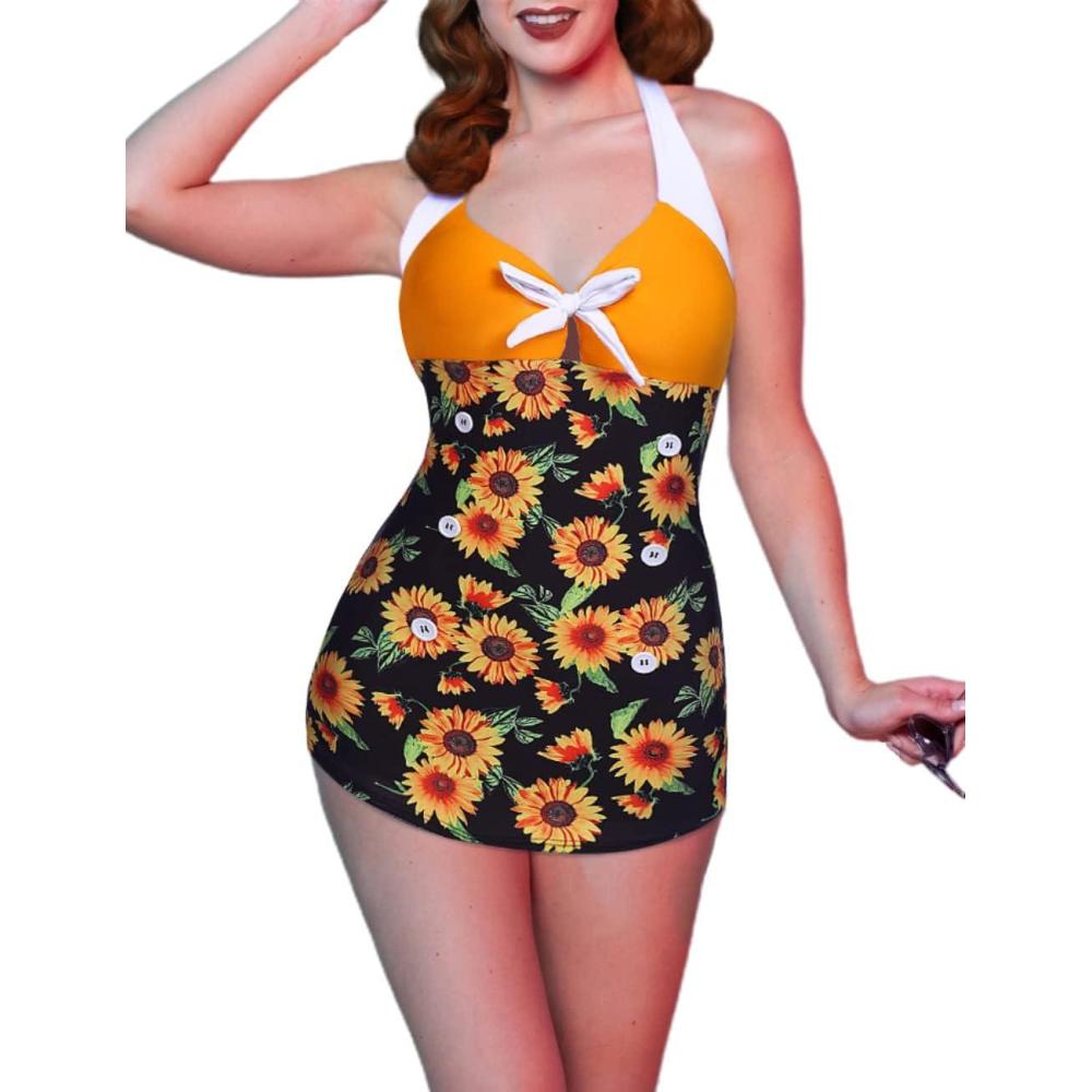 imageEkouaer Womens One Piece Swimsuits Vintage Striped Skirt Bathing Suit Vintage Retro Push Up SwimwearSunflower