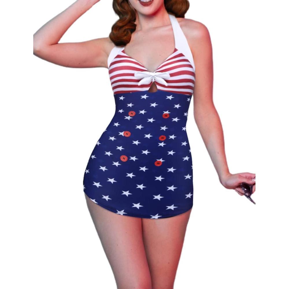 imageEkouaer Womens One Piece Swimsuits Vintage Striped Skirt Bathing Suit Vintage Retro Push Up SwimwearUsa Flag