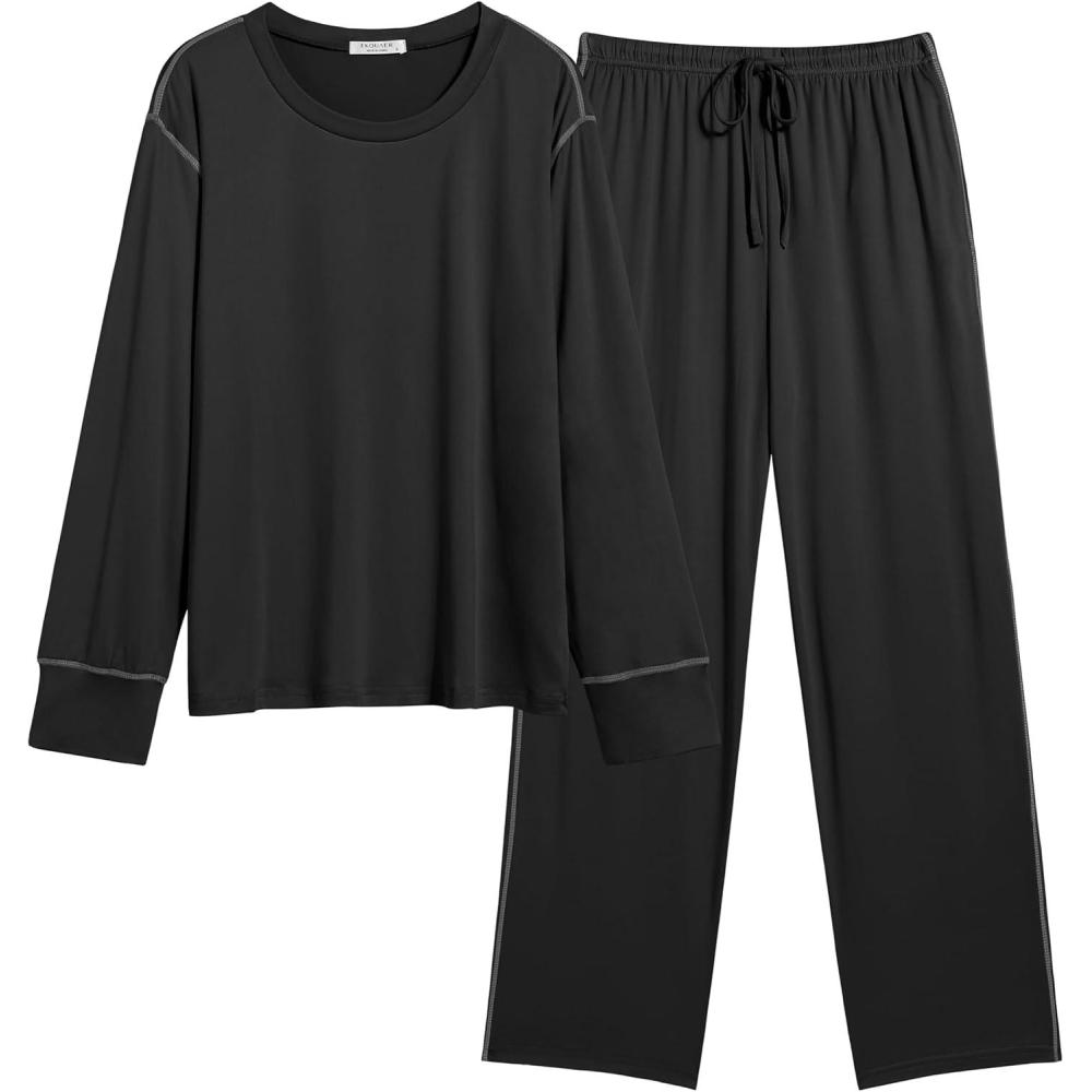 imageEkouaer Womens Pajamas Set 2 Piece Lounge Sets Long Sleeve Crewneck Top and Pants Soft Pjs with PocketsBlack