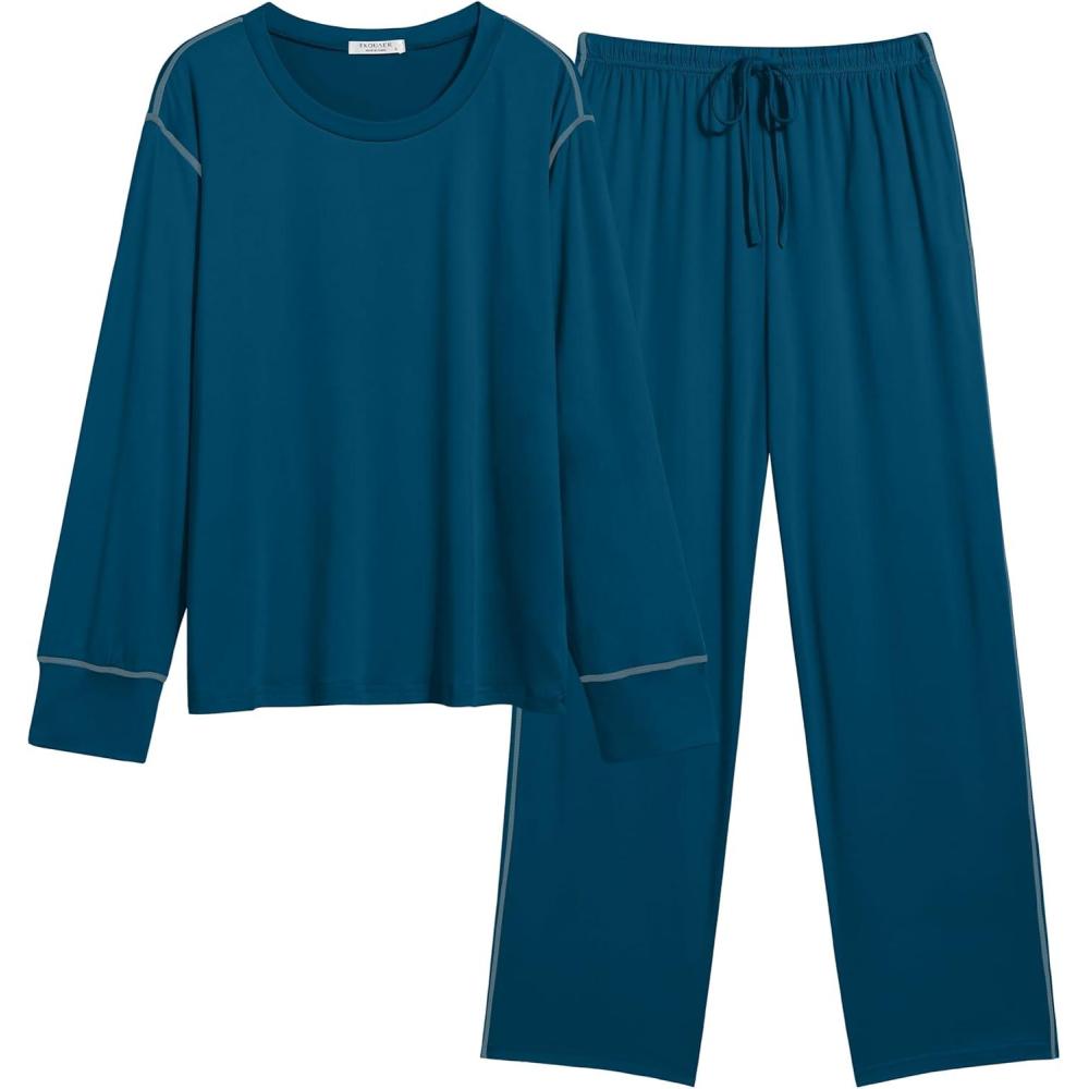 imageEkouaer Womens Pajamas Set 2 Piece Lounge Sets Long Sleeve Crewneck Top and Pants Soft Pjs with PocketsBlue Green