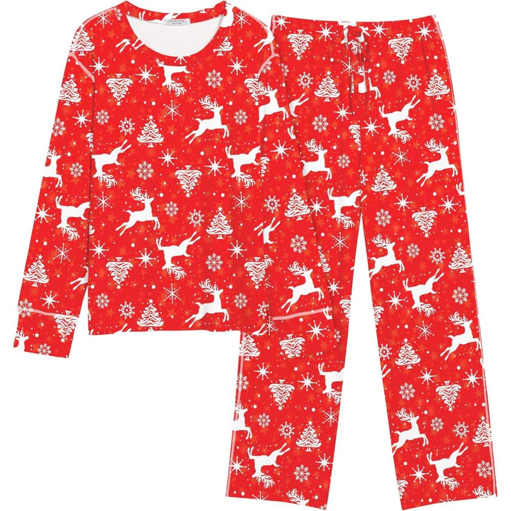 imageEkouaer Womens Pajamas Set 2 Piece Lounge Sets Long Sleeve Crewneck Top and Pants Soft Pjs with PocketsChristmas Elk Red
