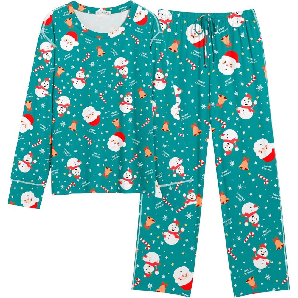 imageEkouaer Womens Pajamas Set 2 Piece Lounge Sets Long Sleeve Crewneck Top and Pants Soft Pjs with PocketsSanta Claus Green