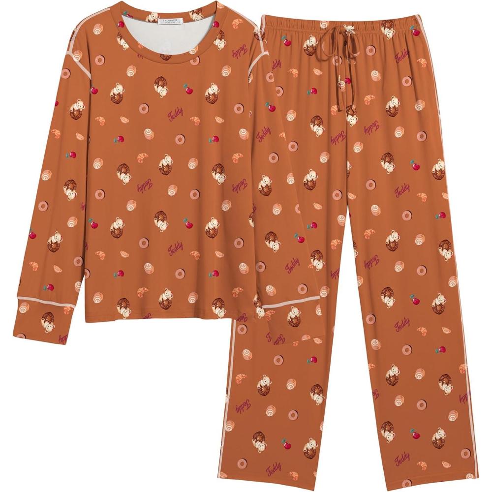 imageEkouaer Womens Pajamas Set 2 Piece Lounge Sets Long Sleeve Crewneck Top and Pants Soft Pjs with PocketsTeddy Bear Dessert Jeddybrown