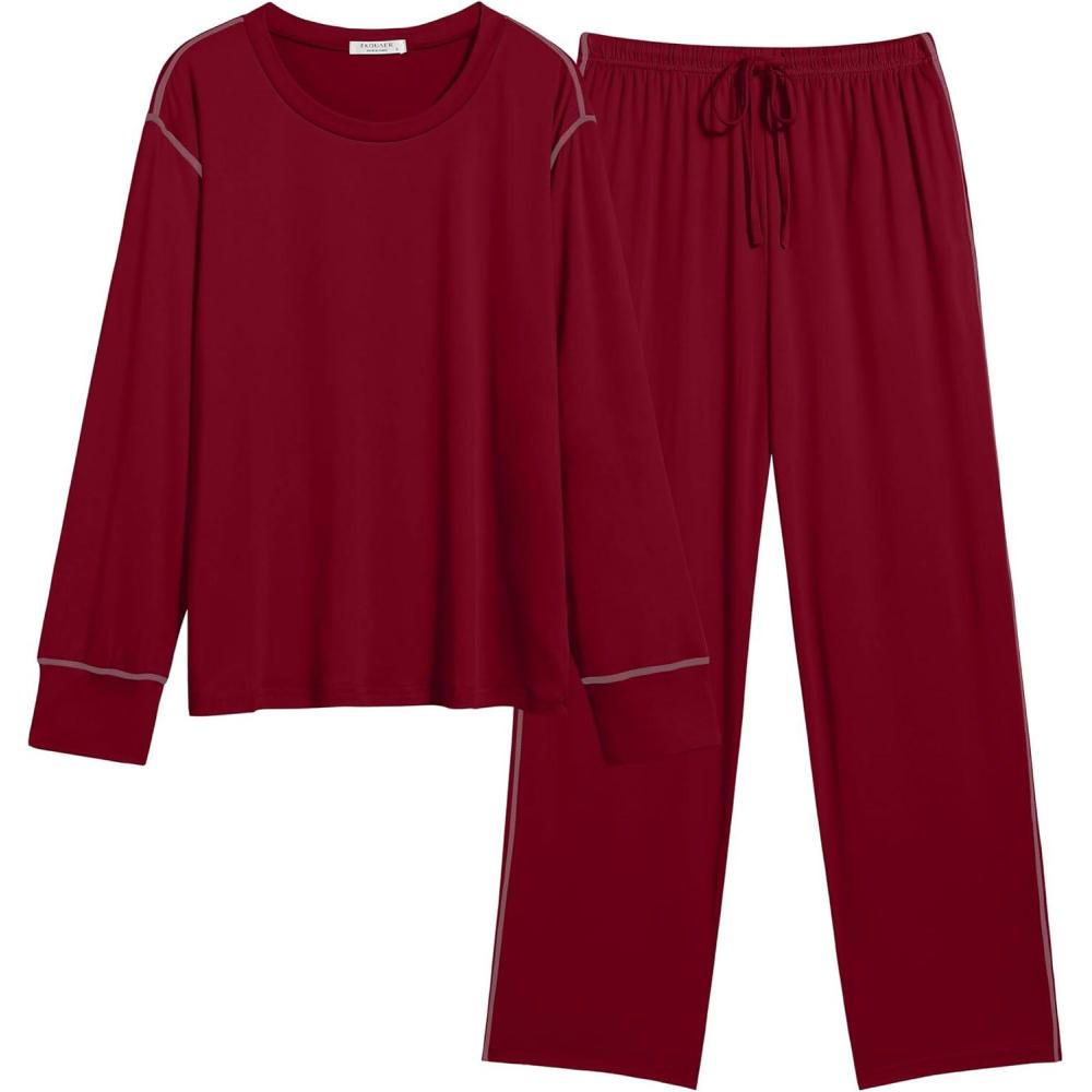 imageEkouaer Womens Pajamas Set 2 Piece Lounge Sets Long Sleeve Crewneck Top and Pants Soft Pjs with PocketsWine Red