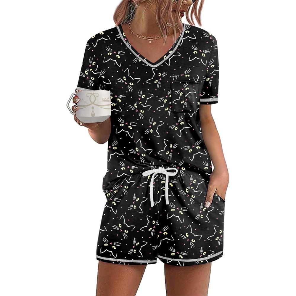 imageEkouaer Womens Pajamas Sets Short Sleeve Lounge Sets Sleepwear Casual Two Piece Pjs With PocketsBlack Cat