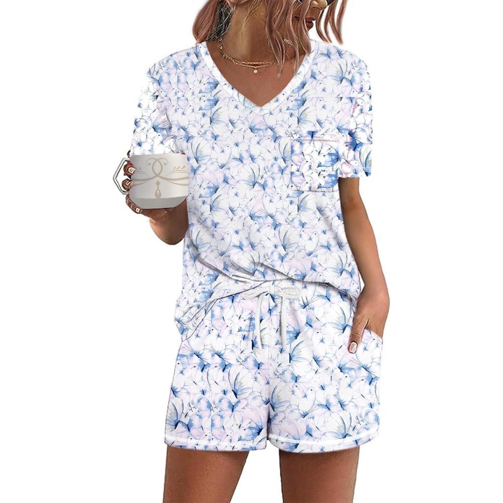 imageEkouaer Womens Pajamas Sets Short Sleeve Lounge Sets Sleepwear Casual Two Piece Pjs With PocketsBlue Butterfly
