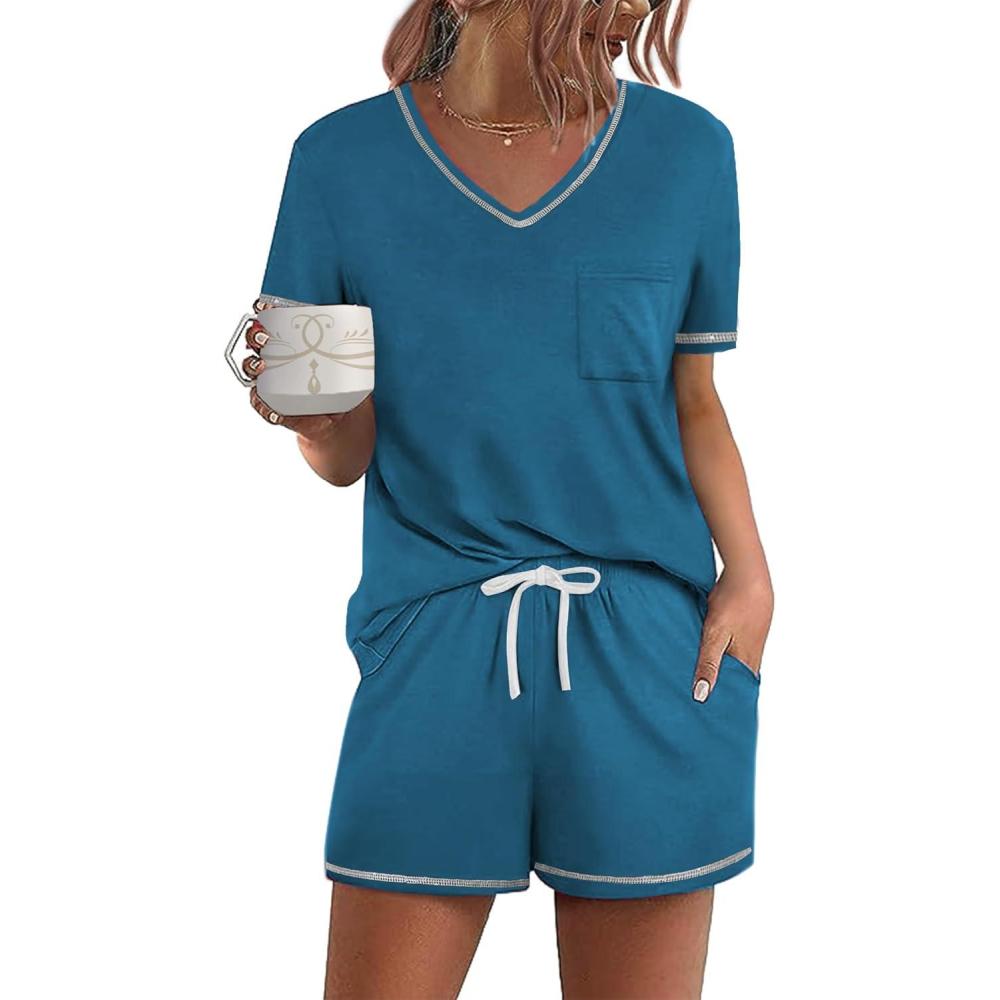 imageEkouaer Womens Pajamas Sets Short Sleeve Lounge Sets Sleepwear Casual Two Piece Pjs With PocketsBlue Green