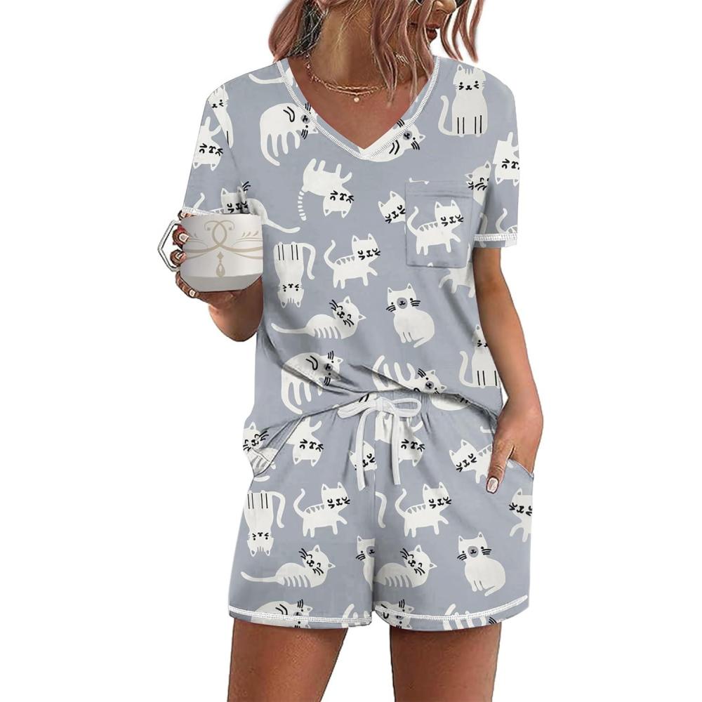 imageEkouaer Womens Pajamas Sets Short Sleeve Lounge Sets Sleepwear Casual Two Piece Pjs With PocketsCat