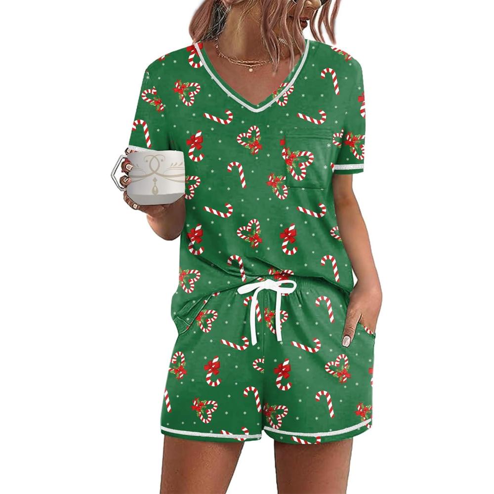 imageEkouaer Womens Pajamas Sets Short Sleeve Lounge Sets Sleepwear Casual Two Piece Pjs With PocketsChristmas Cane Green