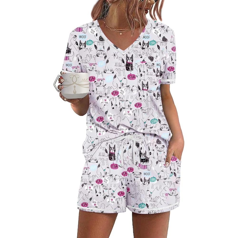 imageEkouaer Womens Pajamas Sets Short Sleeve Lounge Sets Sleepwear Casual Two Piece Pjs With PocketsDog