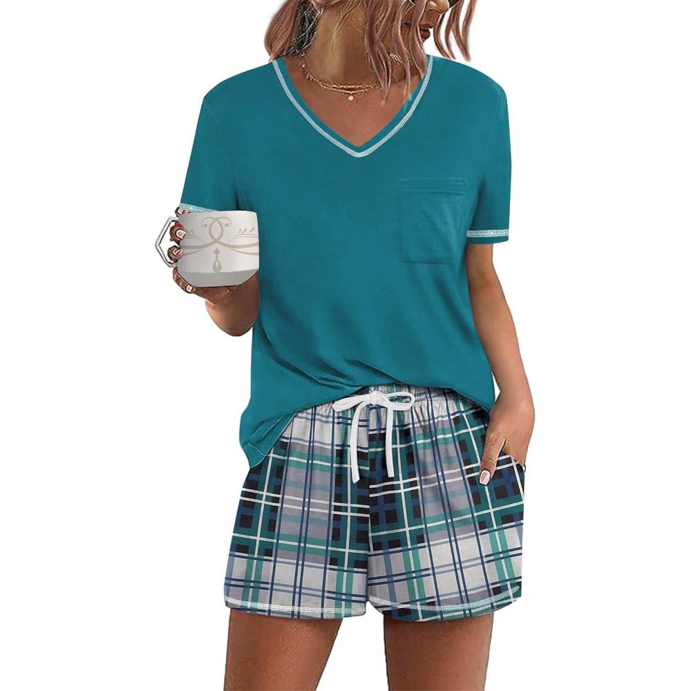 imageEkouaer Womens Pajamas Sets Short Sleeve Lounge Sets Sleepwear Casual Two Piece Pjs With PocketsGreen Plaid