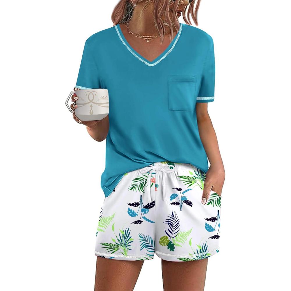 imageEkouaer Womens Pajamas Sets Short Sleeve Lounge Sets Sleepwear Casual Two Piece Pjs With PocketsGreen Plant2
