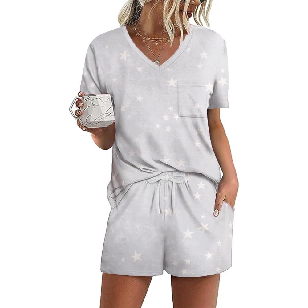 imageEkouaer Womens Pajamas Sets Short Sleeve Lounge Sets Sleepwear Casual Two Piece Pjs With PocketsGrey Star
