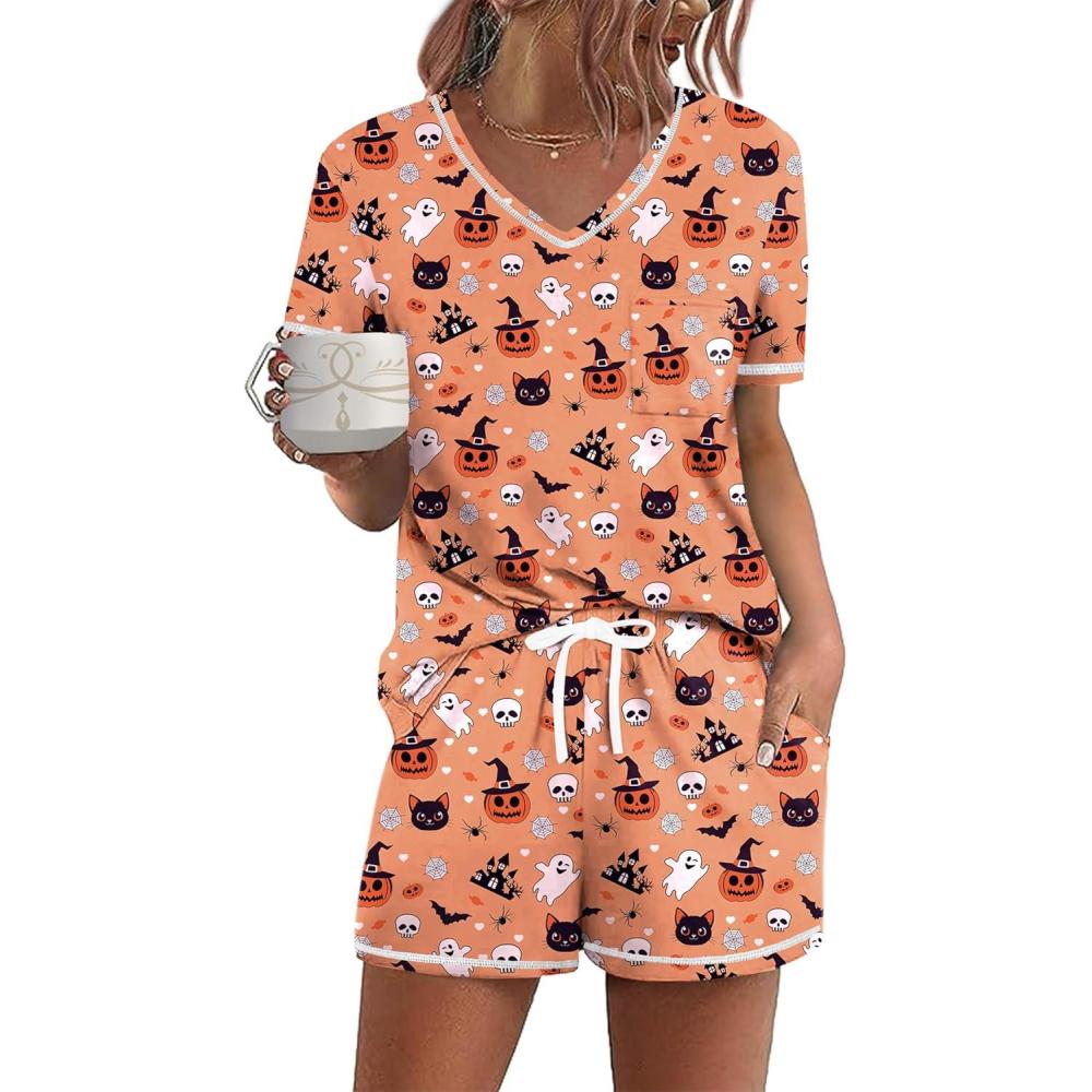 imageEkouaer Womens Pajamas Sets Short Sleeve Lounge Sets Sleepwear Casual Two Piece Pjs With PocketsHalloween Pumpkin