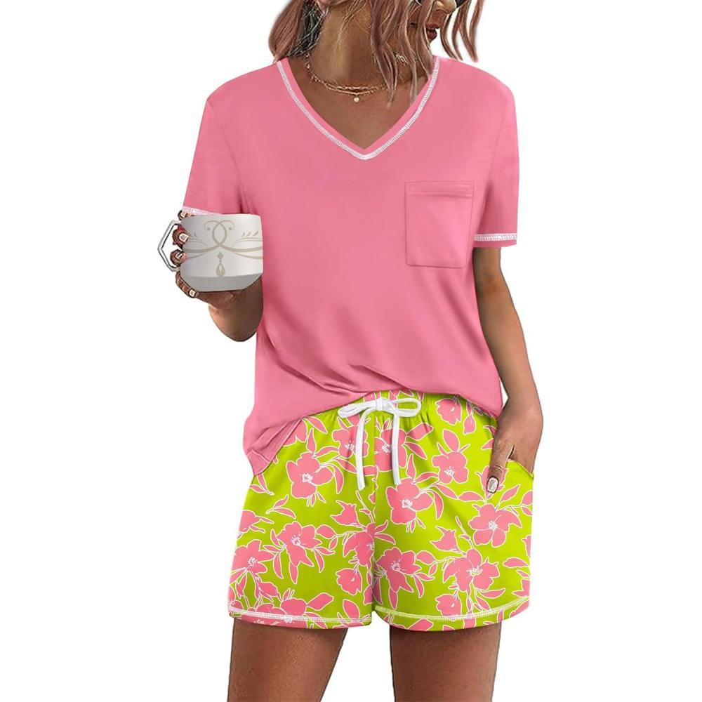 imageEkouaer Womens Pajamas Sets Short Sleeve Lounge Sets Sleepwear Casual Two Piece Pjs With PocketsPeach Pink Floral