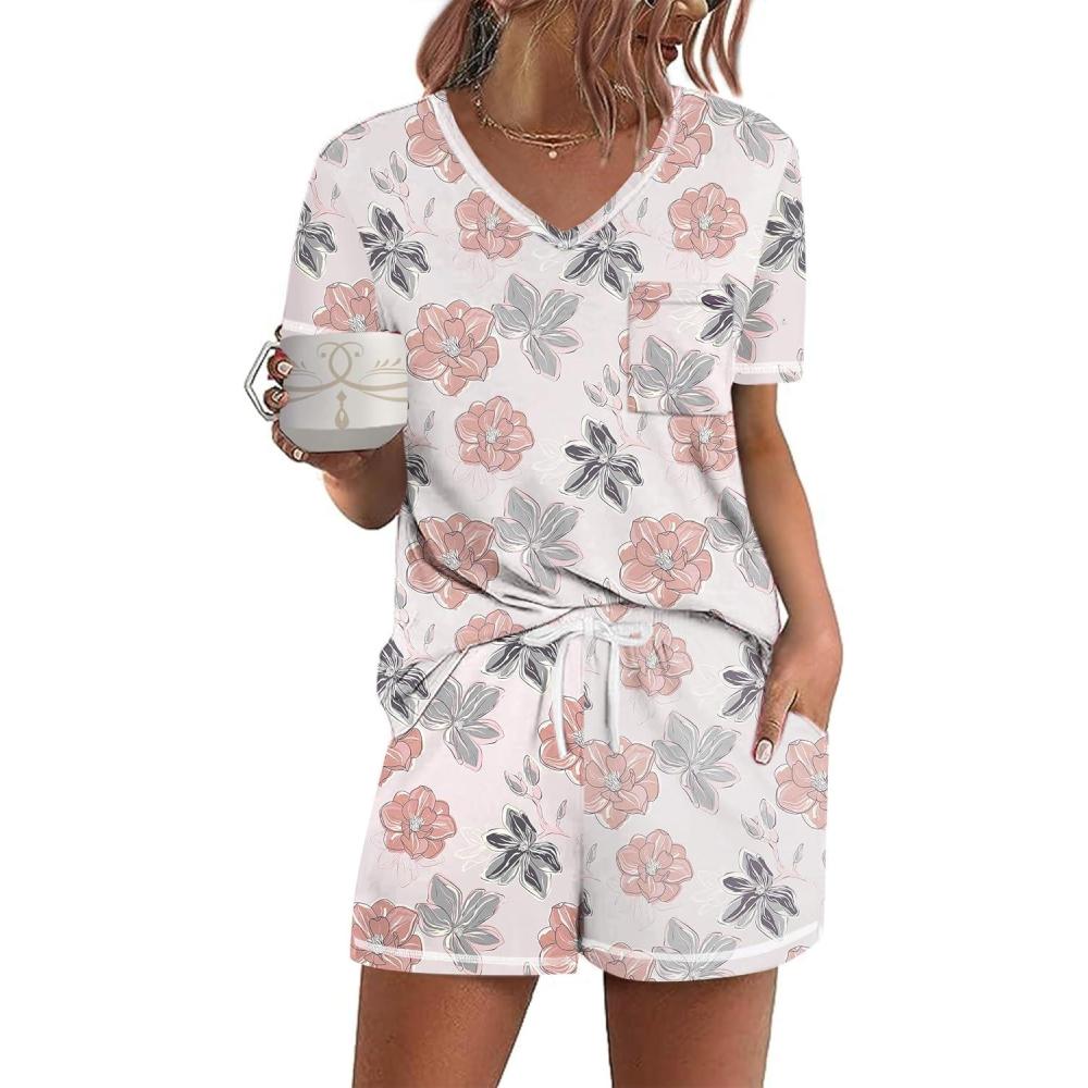 imageEkouaer Womens Pajamas Sets Short Sleeve Lounge Sets Sleepwear Casual Two Piece Pjs With PocketsPink Floral