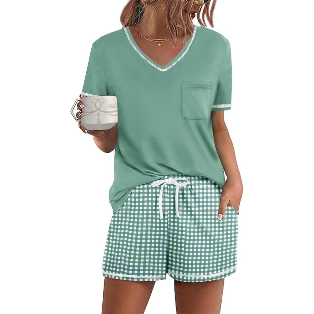 imageEkouaer Womens Pajamas Sets Short Sleeve Lounge Sets Sleepwear Casual Two Piece Pjs With PocketsPlaid Green White