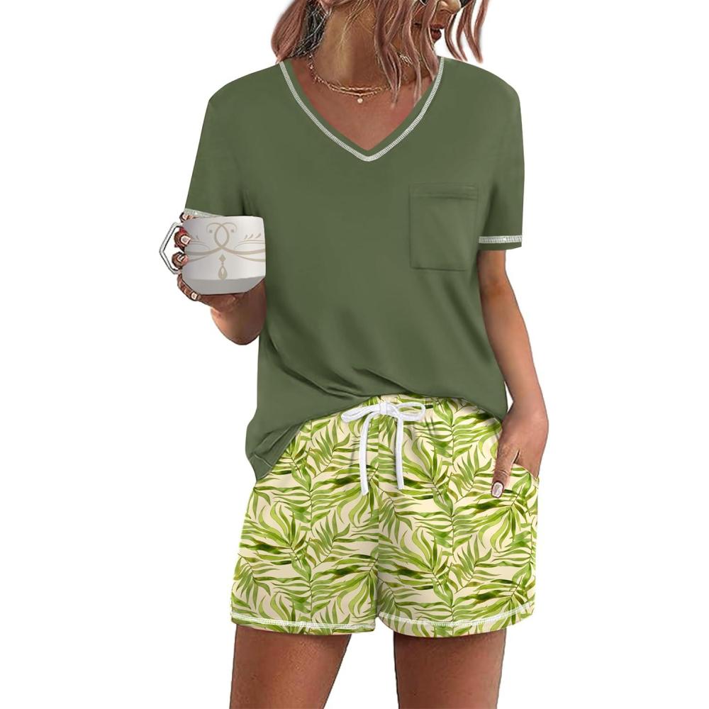 imageEkouaer Womens Pajamas Sets Short Sleeve Lounge Sets Sleepwear Casual Two Piece Pjs With PocketsSea Grass