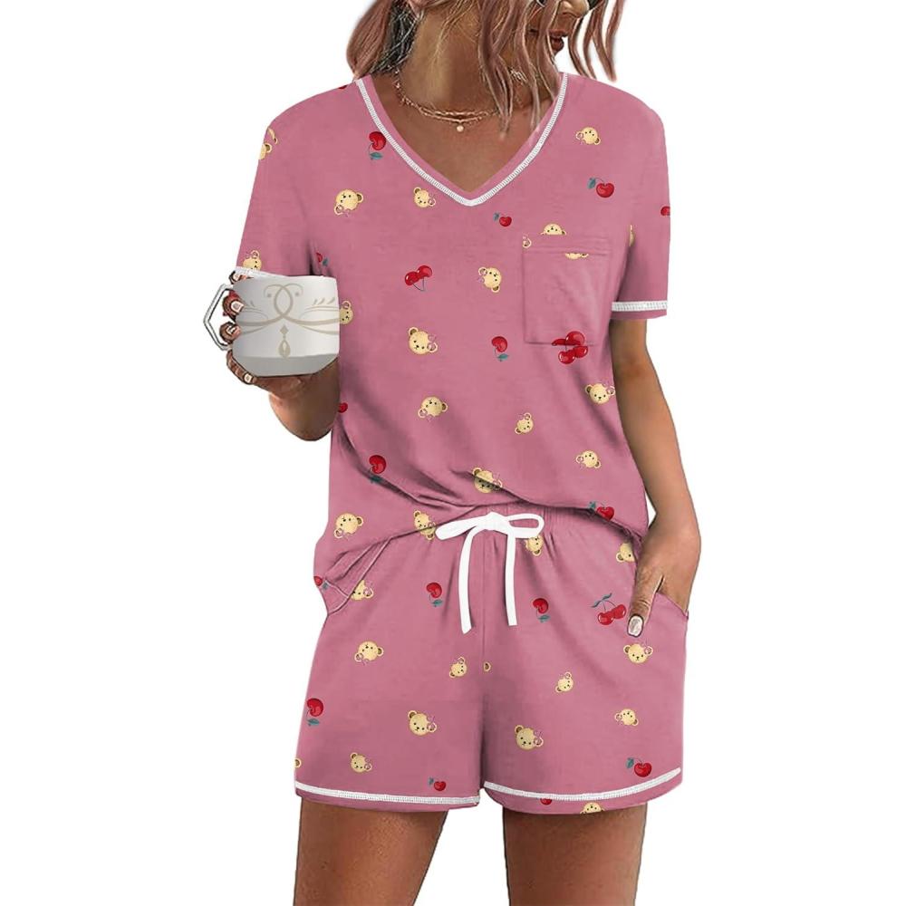 imageEkouaer Womens Pajamas Sets Short Sleeve Lounge Sets Sleepwear Casual Two Piece Pjs With PocketsTeddy Cherry 2