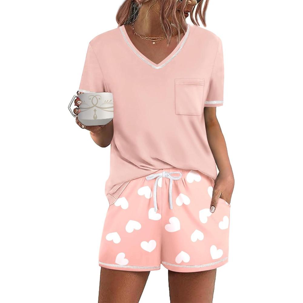 imageEkouaer Womens Pajamas Sets Short Sleeve Lounge Sets Sleepwear Casual Two Piece Pjs With PocketsWhite Heart