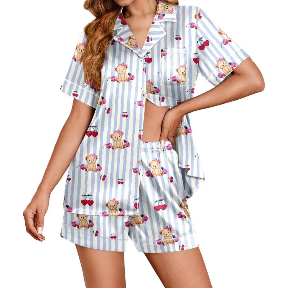imageEkouaer Womens Satin Silk Pajamas Set Short Sleeve Sleepwear Button Down Top and Shorts Loungewear 2 Piece Pjs Set SXXLBlue Striped Bear