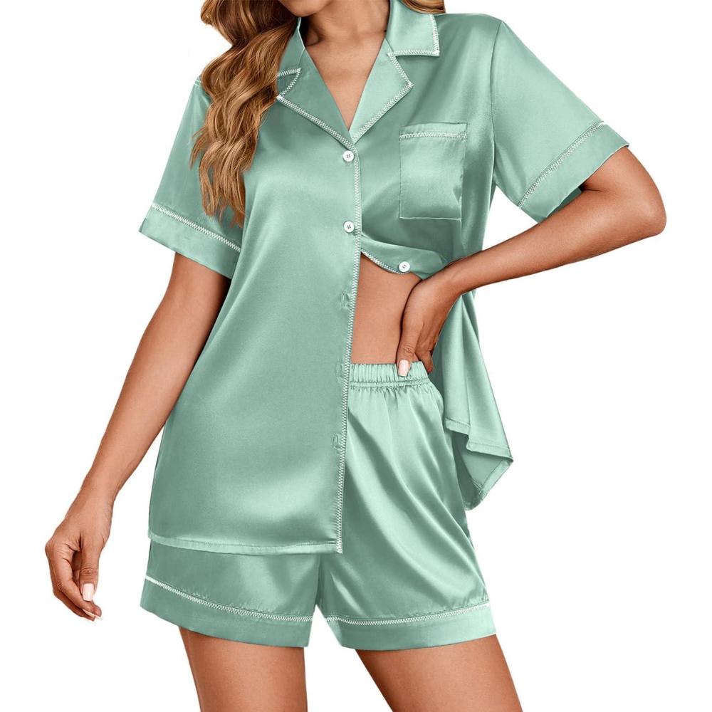 imageEkouaer Womens Satin Silk Pajamas Set Short Sleeve Sleepwear Button Down Top and Shorts Loungewear 2 Piece Pjs Set SXXLLight Green