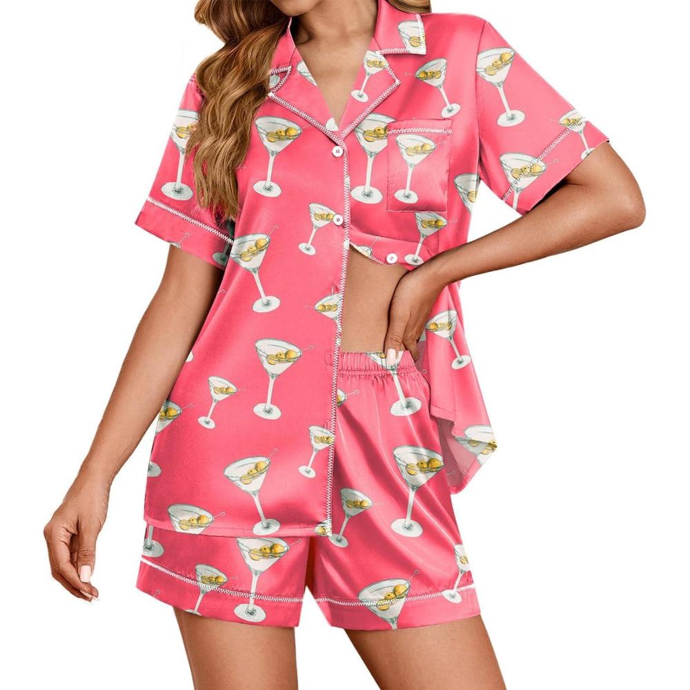 imageEkouaer Womens Satin Silk Pajamas Set Short Sleeve Sleepwear Button Down Top and Shorts Loungewear 2 Piece Pjs Set SXXLRose Red Cocktail Glass