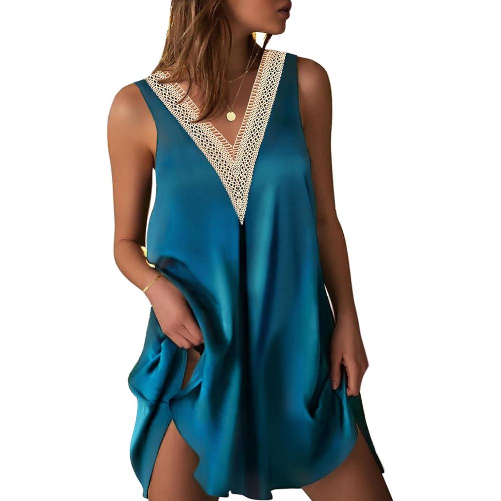 imageEkouaer Womens Satin V Neck Nightgown Sleeveless Tank Sleepwear NightdressBlue Green