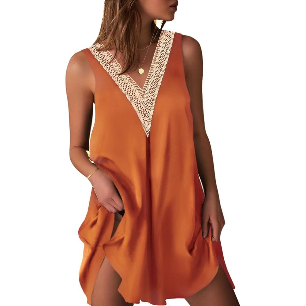 imageEkouaer Womens Satin V Neck Nightgown Sleeveless Tank Sleepwear NightdressCaramel