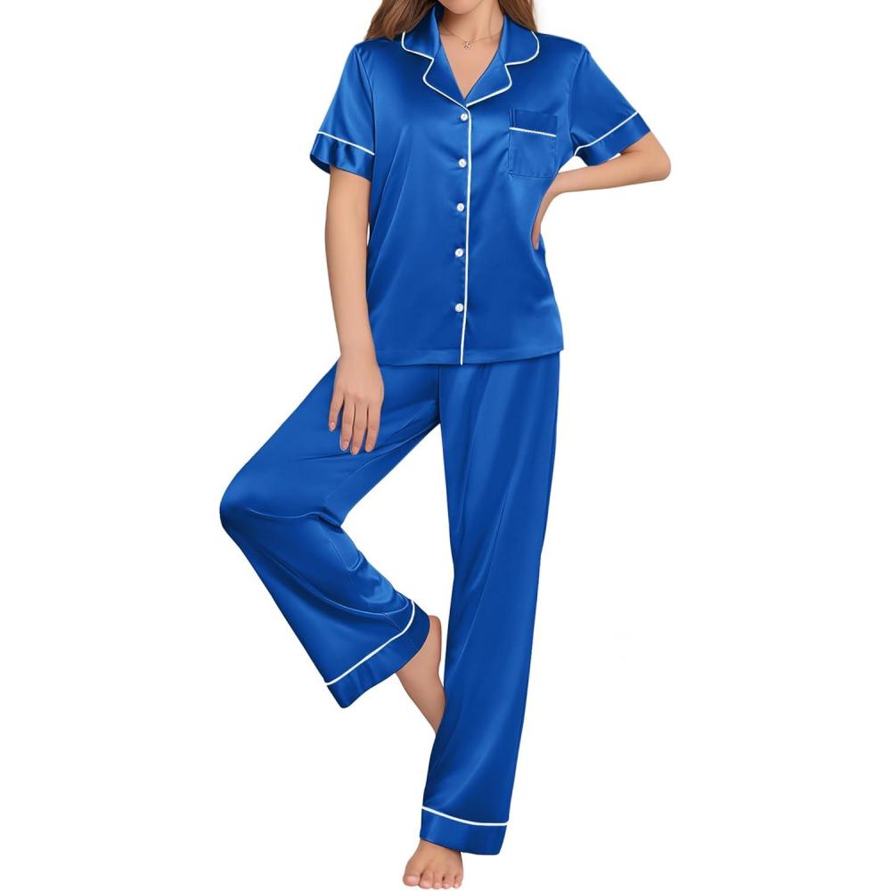 imageEkouaer Womens Silk Pajama Sets Silky Short Sleeve Pjs 2 Piece Silk Button Down Pajamas Soft Satin Pj Pants SetBlue