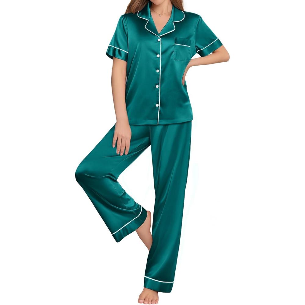 imageEkouaer Womens Silk Pajama Sets Silky Short Sleeve Pjs 2 Piece Silk Button Down Pajamas Soft Satin Pj Pants SetBlue Green