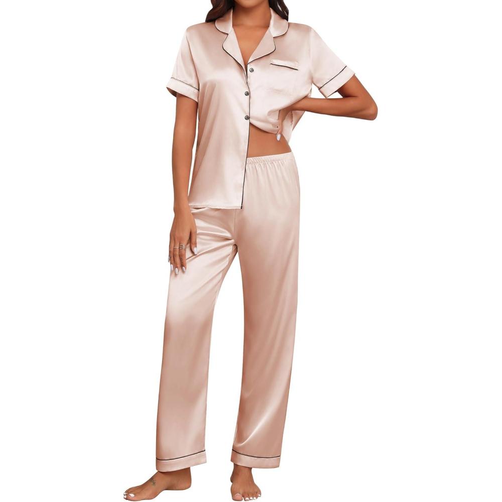 imageEkouaer Womens Silk Pajama Sets Silky Short Sleeve Pjs 2 Piece Silk Button Down Pajamas Soft Satin Pj Pants SetChampagne