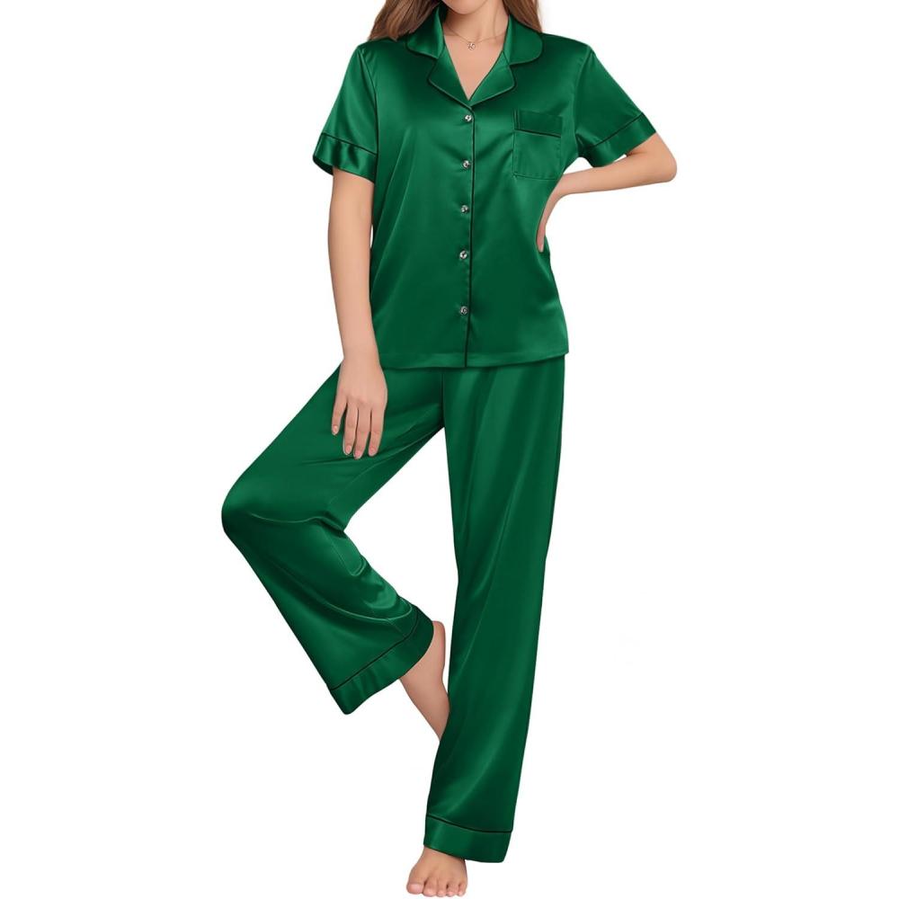 imageEkouaer Womens Silk Pajama Sets Silky Short Sleeve Pjs 2 Piece Silk Button Down Pajamas Soft Satin Pj Pants SetDark Green