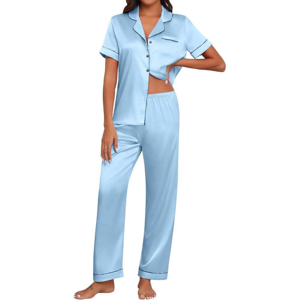 imageEkouaer Womens Silk Pajama Sets Silky Short Sleeve Pjs 2 Piece Silk Button Down Pajamas Soft Satin Pj Pants SetLight Blue