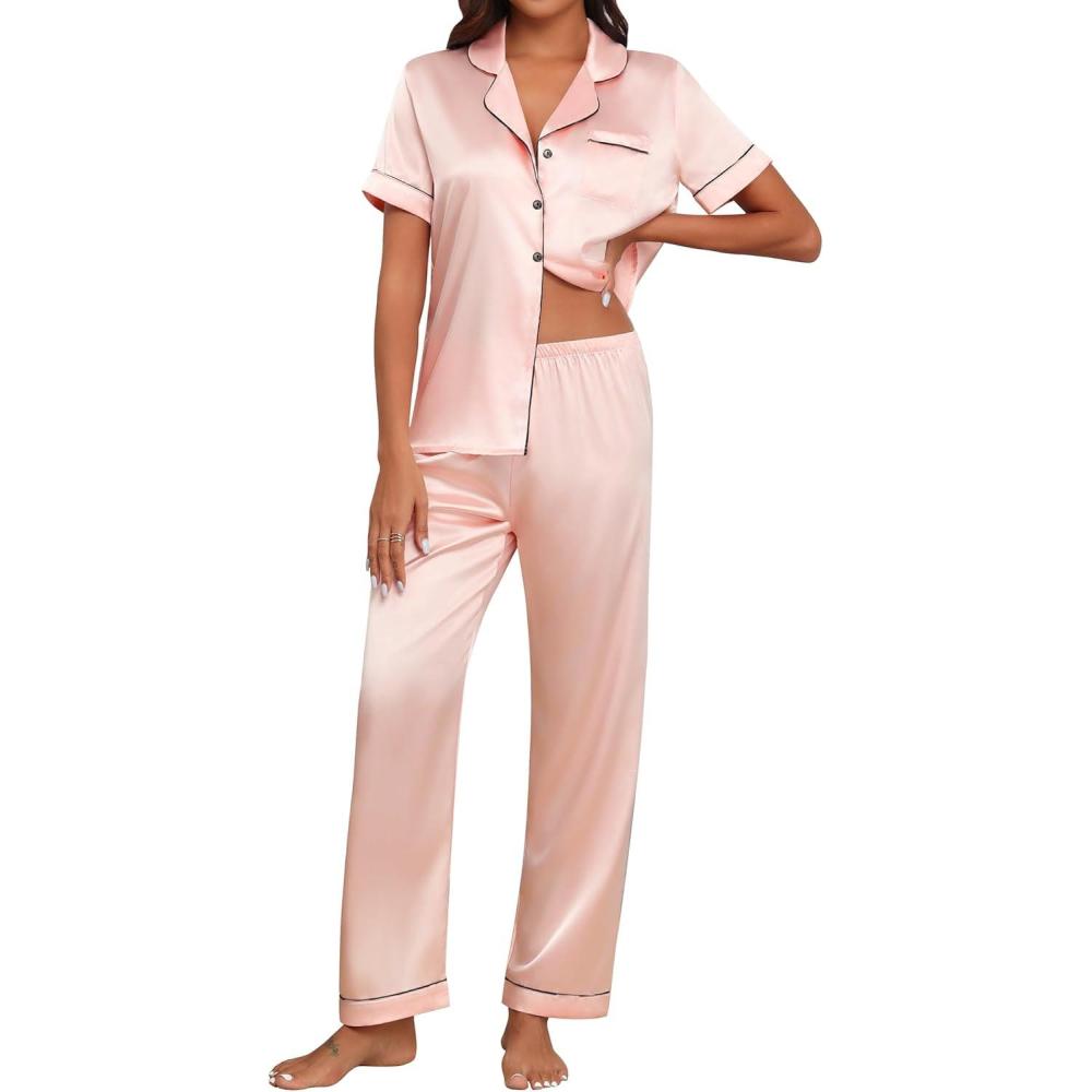 imageEkouaer Womens Silk Pajama Sets Silky Short Sleeve Pjs 2 Piece Silk Button Down Pajamas Soft Satin Pj Pants SetLight Pink