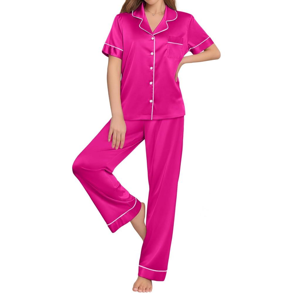 imageEkouaer Womens Silk Pajama Sets Silky Short Sleeve Pjs 2 Piece Silk Button Down Pajamas Soft Satin Pj Pants SetRose Red