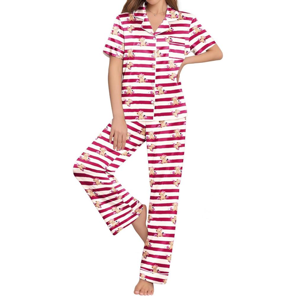 imageEkouaer Womens Silk Pajama Sets Silky Short Sleeve Pjs 2 Piece Silk Button Down Pajamas Soft Satin Pj Pants SetStriped Teddy