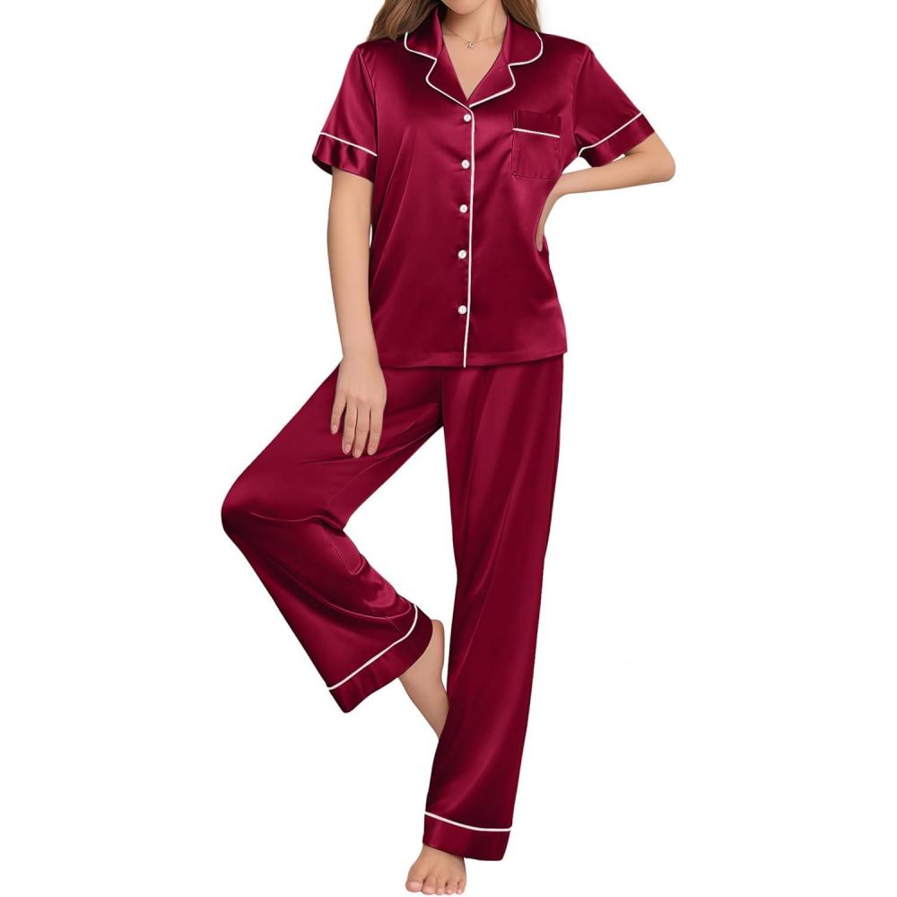 imageEkouaer Womens Silk Pajama Sets Silky Short Sleeve Pjs 2 Piece Silk Button Down Pajamas Soft Satin Pj Pants SetWine Red