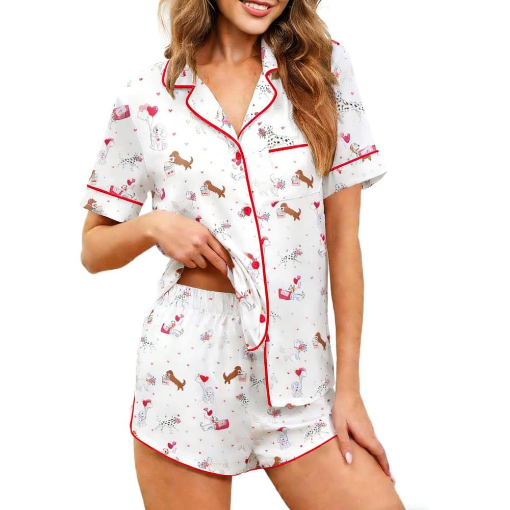 imageEkouaer Womens Silk Satin Pajamas Set Short Sleeve Sleepwear Button Down Loungewear 2 Piece Pjs Shorts Set S5X Plus SizePuppy Love Valentines Print