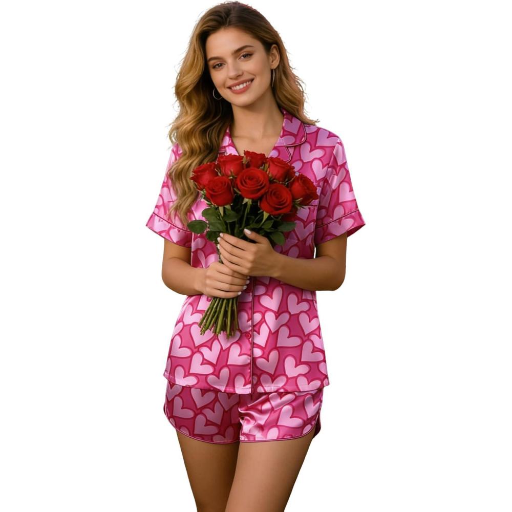 imageEkouaer Womens Silk Satin Pajamas Set Short Sleeve Sleepwear Button Down Loungewear 2 Piece Pjs Shorts Set S5X Plus SizeValentines Pink Love