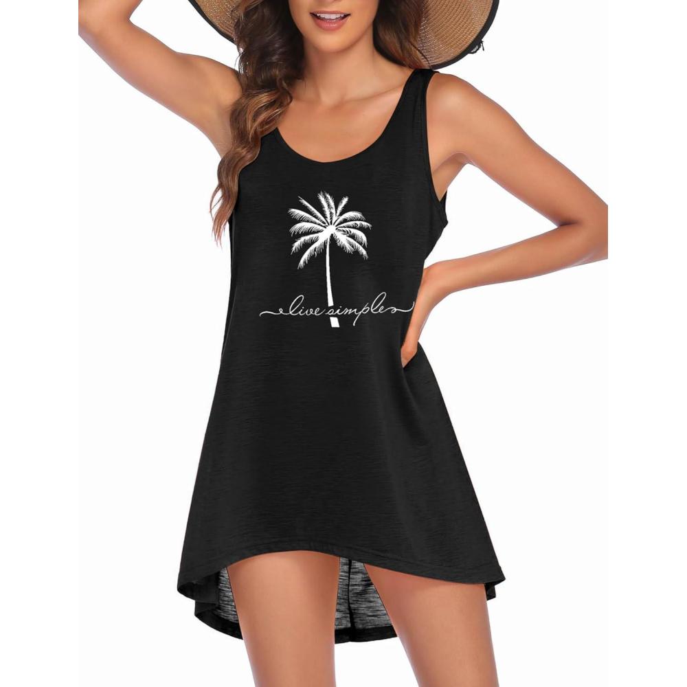 imageEkouaer Womens Sleeveless Swimwear Coverups TShirt Beach Dress Tank Bikini Cover Up with PrintAblackcoconut Palm2