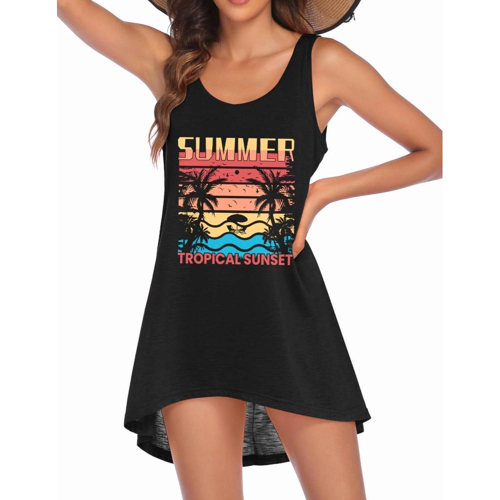 imageEkouaer Womens Sleeveless Swimwear Coverups TShirt Beach Dress Tank Bikini Cover Up with PrintAblacktropical Trees