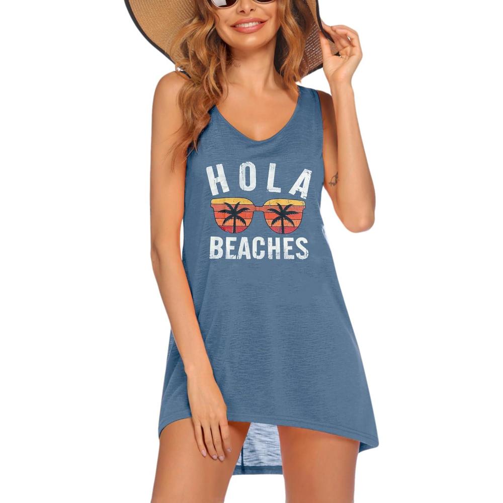 imageEkouaer Womens Sleeveless Swimwear Coverups TShirt Beach Dress Tank Bikini Cover Up with PrintAsea Blue